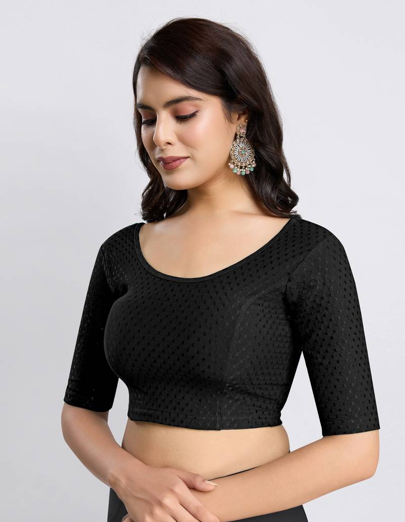 Cotton Lycra Stretchable Comfy Round Neck Elbow Sleeves Saree Blouse Readymade