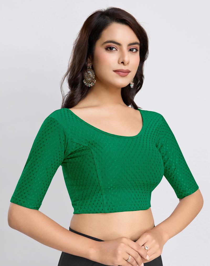 Cotton Lycra Stretchable Comfy Round Neck Elbow Sleeves Saree Blouse Readymade