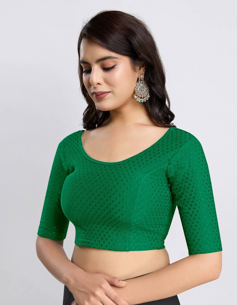 Cotton Lycra Stretchable Comfy Round Neck Elbow Sleeves Saree Blouse Readymade