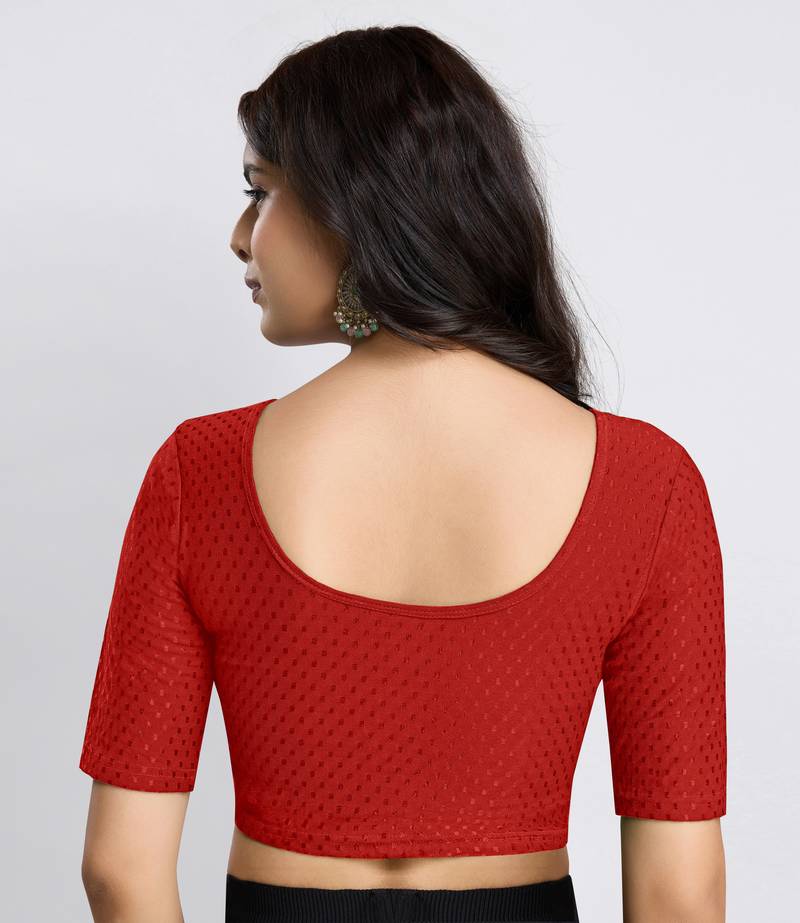Red Stretchable Round Neck Readymade Blouse