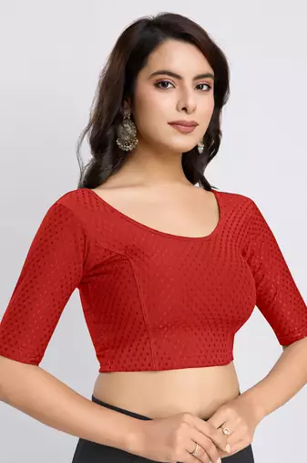 Trendmalls Red Stretchable Round Neck Readymade Blouse