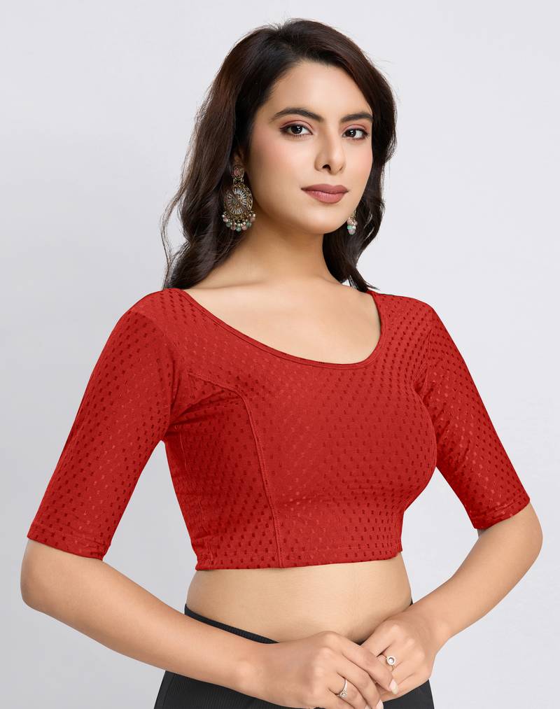 Red Stretchable Round Neck Readymade Blouse