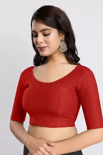 Trendmalls Red Stretchable Round Neck Readymade Blouse