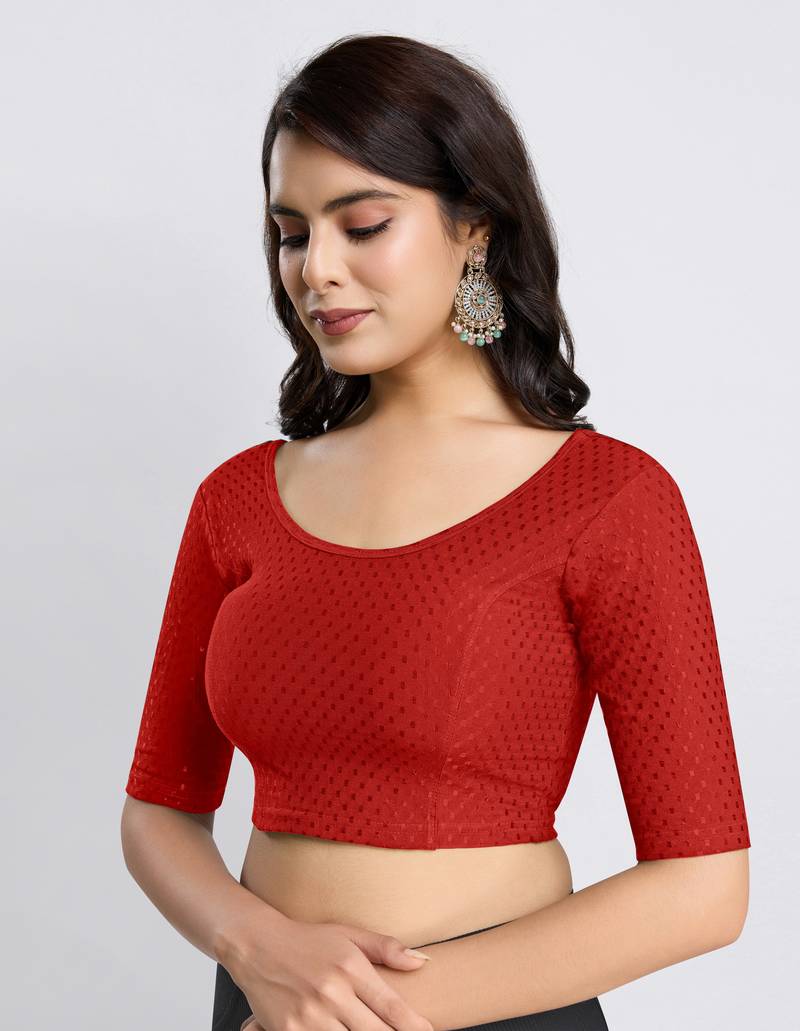 Red Stretchable Round Neck Readymade Blouse