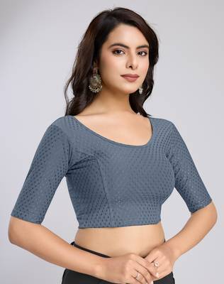 Trendmalls Cotton Lycra Stretchable Comfy Round Neck Elbow Sleeves Saree Blouse Readymade 3