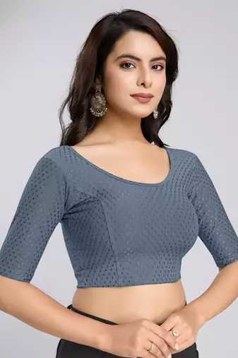 Trendmalls Cotton Lycra Stretchable Comfy Round Neck Elbow Sleeves Saree Blouse Readymade