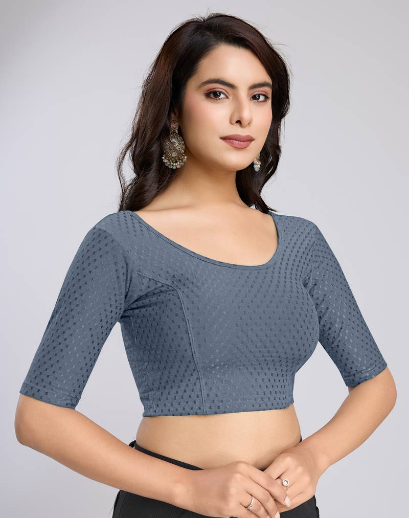 Cotton Lycra Stretchable Comfy Round Neck Elbow Sleeves Saree Blouse Readymade