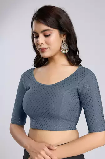 Trendmalls Cotton Lycra Stretchable Comfy Round Neck Elbow Sleeves Saree Blouse Readymade