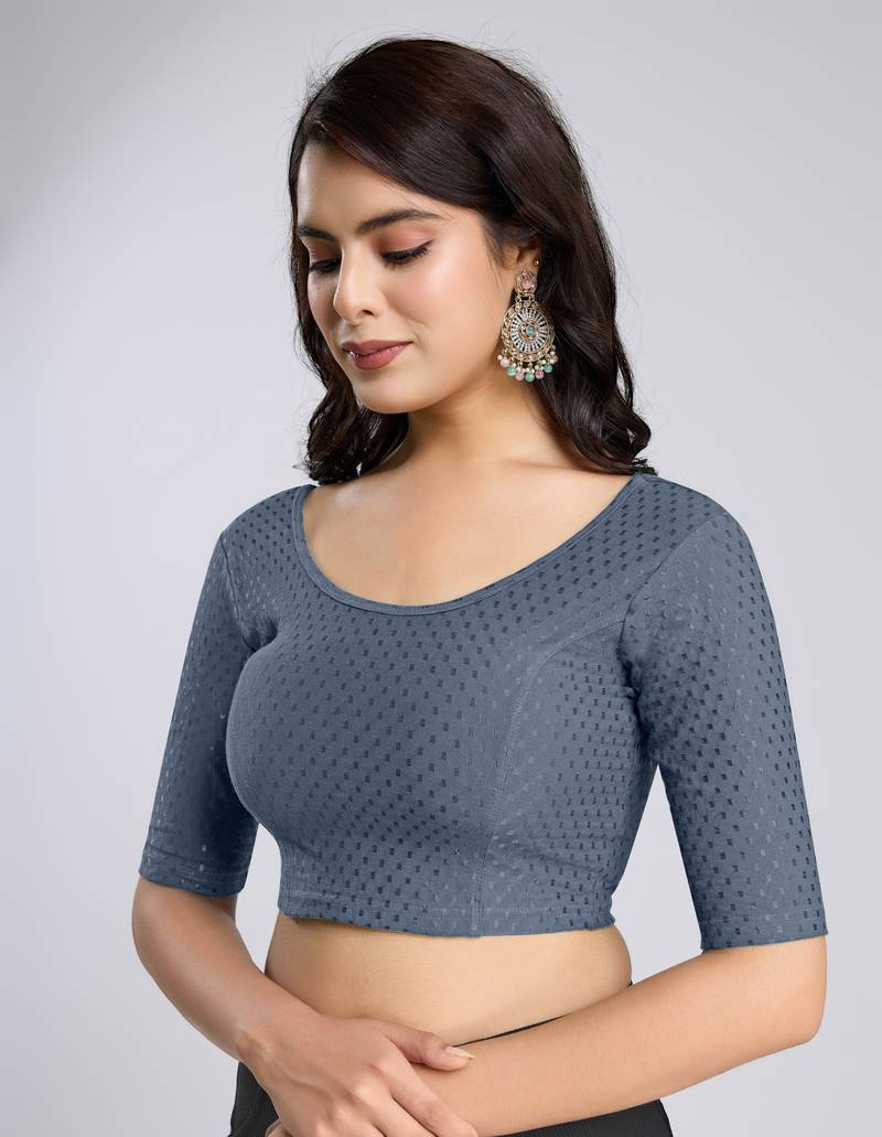 Cotton Lycra Stretchable Comfy Round Neck Elbow Sleeves Saree Blouse Readymade