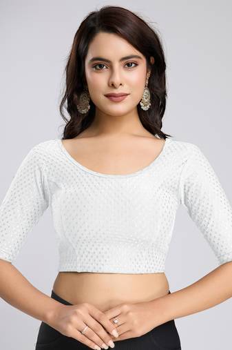 Cotton Lycra Stretchable Comfy Round Neck Elbow Sleeves Saree Blouse Readymade