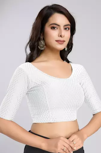 Trendmalls Cotton Lycra Stretchable Comfy Round Neck Elbow Sleeves Saree Blouse Readymade