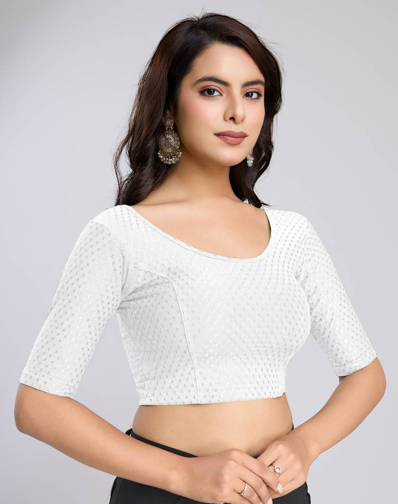 Cotton Lycra Stretchable Comfy Round Neck Elbow Sleeves Saree Blouse Readymade