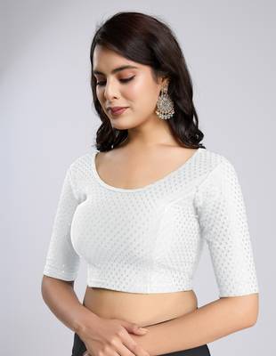 Trendmalls Cotton Lycra Stretchable Comfy Round Neck Elbow Sleeves Saree Blouse Readymade 4