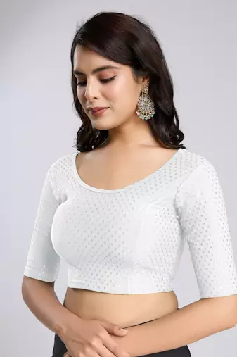 Trendmalls Cotton Lycra Stretchable Comfy Round Neck Elbow Sleeves Saree Blouse Readymade