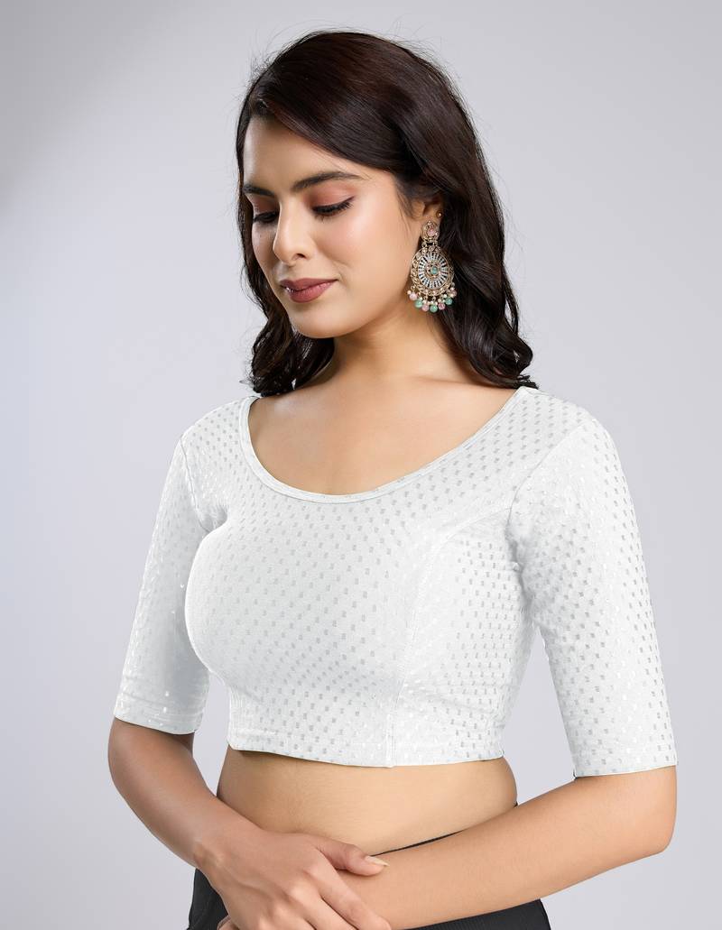 Cotton Lycra Stretchable Comfy Round Neck Elbow Sleeves Saree Blouse Readymade