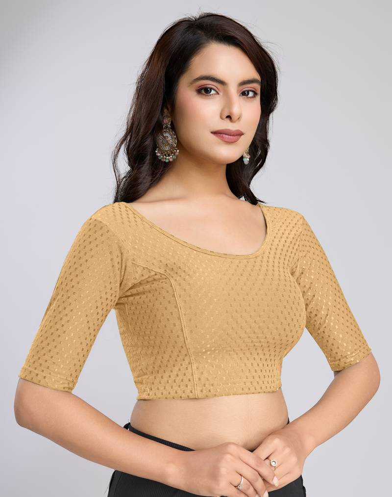 Cotton Lycra Stretchable Comfy Round Neck Elbow Sleeves Saree Blouse Readymade