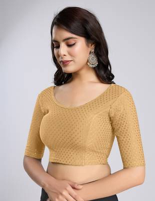 Trendmalls Cotton Lycra Stretchable Comfy Round Neck Elbow Sleeves Saree Blouse Readymade 4