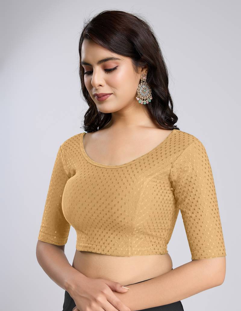 Cotton Lycra Stretchable Comfy Round Neck Elbow Sleeves Saree Blouse Readymade