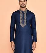 Mens Navy Blue Silk Blend Embroidered Thread Floral Garden Kurta With Pant