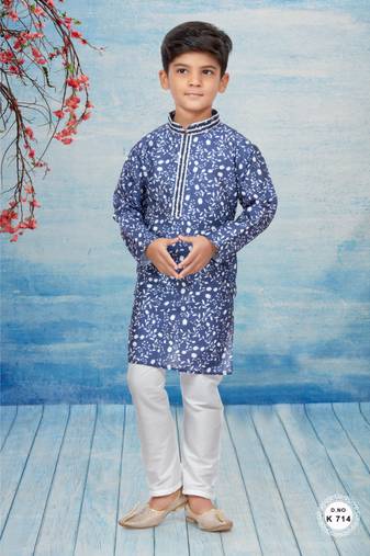 Off white flower printed kurta pajama with thread work