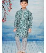Off white flower printed kurta pajama with thread work