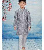 Off white flower printed kurta pajama with thread work