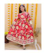 Red floral printed gown with belt