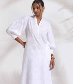 Truebrown white cotton schiffli kurta set