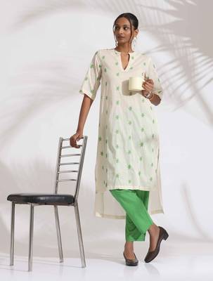 off-white cotton floral embroidered straight kurta set 1