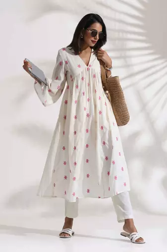 off-white cotton floral embroidered flared kurta set