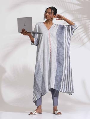 off-white cotton multi stripe free size flared kurta set 1
