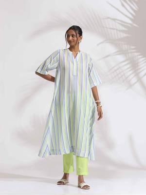 white cotton multi stripe flared kurta set 1