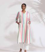 off-white cotton multi stripe flared kurta set