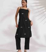 black cotton embroidered straight kurta set