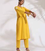 yellow cotton slub embroidered straight kurta set
