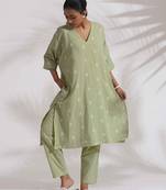 green cotton floral embroidered kurta co-ord set
