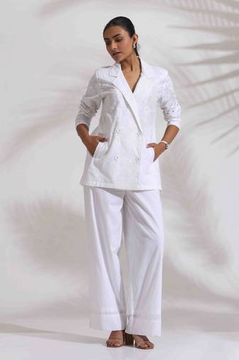 white cotton schiffli jacket co-ord set