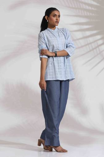 blue cotton check shirt top co-ord set