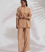 beige cotton embroidered shirt top co-ord set