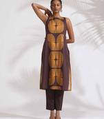 brown cotton print sleeveless kurta set
