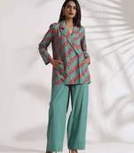 green cotton print  jacket top co-ord set