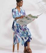 blue ikat print muslin kurta set