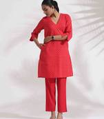 red cotton print kurta co-ord set