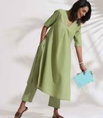 green slub kurta set