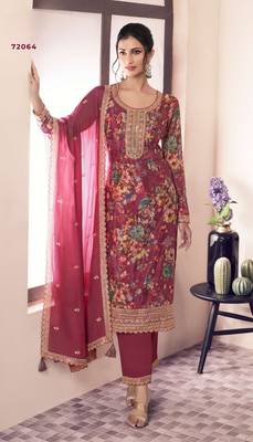 Pink chinon digital print sequin embroidered semi-stitched salwar suit 1