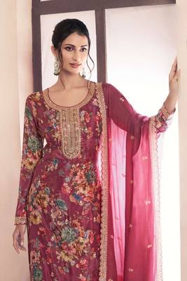 Pink chinon digital print sequin embroidered semi-stitched salwar suit 2