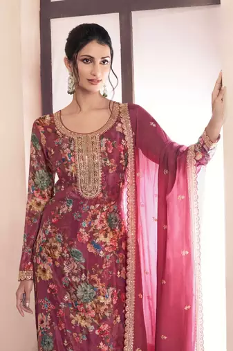 Pink chinon digital print sequin embroidered semi-stitched salwar suit