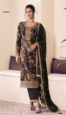 Black chinon digital print sequin embroidered semi-stitched salwar suit 1