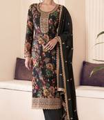 Black chinon digital print sequin embroidered semi-stitched salwar suit