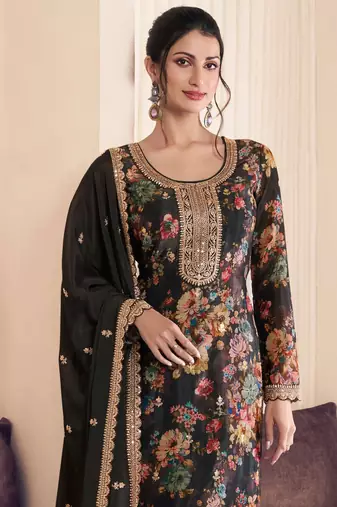 Black chinon digital print sequin embroidered semi-stitched salwar suit